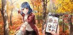  1girl :d autumn autumn_leaves blue_hair blush cellphone cowboy_shot domestic_na_kanojo flannel looking_at_viewer nature open_clothes open_mouth open_shirt outdoors pantyhose phone plaid plaid_shirt pointing pov pov_hands red_eyes ribbed_sweater sasuga_kei shirt smartphone smile solo_focus stream sweater tachibana_rui tree turtleneck turtleneck_sweater 