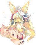  animal_ears bangs blunt_bangs commentary_request ears_through_headwear eyebrows_visible_through_hair hat horizontal_pupils horns long_hair made_in_abyss mitty_(made_in_abyss) nanachi_(made_in_abyss) nekotorina pants paws petting red_eyes sitting tail topless whiskers white_background white_hair yellow_eyes 