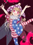  1girl american_flag_dress american_flag_legwear arm_up bare_arms blonde_hair blue_nails clownpiece dress fairy_wings fire hat highres jester_cap long_hair nail_polish neck_ruff open_mouth pantyhose pink_eyes polka_dot red_nails ringed_eyes short_dress sketch smile solo star star_print striped torch touhou toutenkou wings 