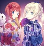  2girls alternate_costume ark_royal_(kantai_collection) bangs blue_bow blue_eyes blue_kimono blunt_bangs blush bow closed_mouth corn dated fan floral_print flower food from_behind hair_between_eyes hair_flower hair_ornament holding holding_food japanese_clothes kabocha_torute kantai_collection kimono lips looking_back miss_cloud mole mole_under_eye multiple_girls paper_fan pink_kimono red_bow redhead revision richelieu_(kantai_collection) sash short_ponytail smile twitter_username uchiwa unmoving_pattern upper_body yukata 
