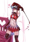 1girl :q arm_up armpits black_gloves black_legwear breasts cleavage crop_top elbow_gloves gloves hat highres holding_whip long_hair medb_(fate/grand_order) medium_breasts midriff miniskirt navel pink_hair pleated_skirt red_hat red_skirt shiny shiny_skin sketch skirt solo stomach thigh-highs tongue tongue_out yellow_eyes 