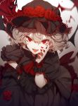  1girl bat_wings black_dress dress fangs flower highres looking_at_viewer nail_polish no-kan open_mouth puffy_short_sleeves puffy_sleeves red_eyes red_rose remilia_scarlet rose short_hair short_sleeves silver_hair solo touhou wings wrist_cuffs 