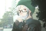  1boy bespectacled breath glasses idolmaster idolmaster_side-m kitamura_sora long_sleeves male_focus multicolored_hair open_mouth red_eyes solo surgical_mask upper_body white_hair winter_clothes 