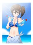  1girl bare_shoulders bikini bikini_bottom bikini_skirt bikini_top blue_bikini blue_bikini_bottom blue_bikini_top blush breasts brown_eyes brown_hair cleavage clouds day highres holding kaga_(kantai_collection) kantai_collection large_breasts navel ocean outstretched_arm pale_skin ramune seinz0 side_ponytail signature sky solo standing sun swimsuit teenage white_border 