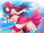 1girl ass bikini breasts day fate/grand_order fate_(series) flower from_behind hair_flower hair_ornament hibiscus large_breasts leg_garter long_hair looking_at_viewer looking_back outdoors pantsu_majirou parted_lips purple_bikini purple_hair red_eyes sarong scathach_(fate/grand_order) scathach_(swimsuit_assassin)_(fate) smile solo swimsuit very_long_hair wading water 