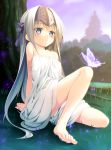  1girl arm_support bare_arms bare_legs bare_shoulders barefoot blue_eyes blush butterfly closed_mouth day dress eucliwood_hellscythe full_body grass headpiece highres knee_up kore_wa_zombie_desu_ka? leaning_back lethe-shion long_hair on_ground outdoors silver_hair sitting smile solo sundress tree very_long_hair white_dress 