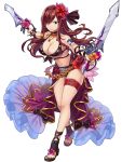  1girl bikini black_bikini black_hairband black_ribbon breasts brown_eyes brown_hair brown_nails choker cleavage dual_persona earrings erza_scarlet fairy_tail floating_hair flower full_body hair_between_eyes hair_flower hair_ornament hair_ribbon hairband hibiscus holding holding_sword holding_weapon jewelry large_breasts long_hair looking_at_viewer nail_polish navel outstretched_arms purple_flower red_flower ribbon shiny shiny_skin smile standing swimsuit sword tattoo thigh_strap toenail_polish transparent_background under_boob very_long_hair weapon 