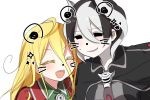 &gt;:d 2girls :d black_cape black_hair blonde_hair blush cape closed_eyes collared_shirt commentary_request eyebrows_visible_through_hair hair_between_eyes jacket looking_at_viewer lyza made_in_abyss miruko_(milkyuoxou) multicolored_hair multiple_girls nervous_smile open_mouth ozen parted_lips shirt short_hair simple_background smile sweatdrop two-tone_hair whisker_markings whistle white_background white_hair 