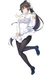  1girl 3: aiguillette azur_lane bangs black_footwear black_hair black_legwear blush breasts brown_eyes closed_mouth epaulettes eyebrows_visible_through_hair full_body gloves hair_flaps half_gloves hand_up highres large_breasts leg_up loafers long_hair looking_at_viewer military military_uniform miniskirt pantyhose pleated_skirt ponytail shoes sidelocks simple_background skirt solo takao_(azur_lane) terry_(pixiv3274443) thighband_pantyhose thighs tsurime uniform very_long_hair white_background white_gloves white_skirt 