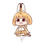  1girl :d animal_ears bangs bare_shoulders batta_(ijigen_debris) blush_stickers bow bowtie brown_eyes chibi commentary elbow_gloves floating full_body gloves high-waist_skirt kemono_friends legs_crossed looking_at_viewer lotus_position meditation open_mouth orange_hair orange_skirt serval_(kemono_friends) serval_ears serval_print serval_tail shirt simple_background skirt sleeveless sleeveless_shirt smile solo tail white_background white_shirt 