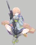  1girl bike_shorts blonde_hair commentary eyebrows_visible_through_hair full_body fuyuno_haruaki grey_background gun indian_style little_armory m24 pleated_skirt rifle scarf school_uniform shoes short_hair sitting skirt sneakers sniper_rifle solo suppressor violet_eyes weapon 