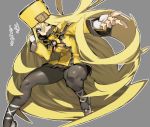  1girl absurdly_long_hair aqua_eyes belt belt_buckle black_belt black_legwear blonde_hair breasts buckle covered_mouth dress eyebrows eyelashes fingerless_gloves fur_collar fur_hat gloves grey_background guilty_gear guilty_gear_xrd hat hat_belt index_finger_raised legs long_hair long_sleeves millia_rage one_eye_closed outline palms pantyhose shoes short_dress simple_background small_breasts solo text translation_request tsurime ushanka very_long_hair white_footwear white_gloves white_outline yellow_dress yellow_hat ysk! 