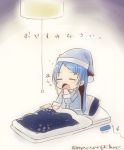 1girl awake blanket blue_hair closed_eyes commentary_request kantai_collection lamp long_hair mae_(maesanpicture) mattress open_mouth pajamas samidare_(kantai_collection) solo translation_request twitter_username very_long_hair yawning 