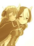  1boy 1girl blush breasts cape carrying child closed_mouth commentary_request eyebrows_visible_through_hair half-closed_eyes jacket jitome looking_at_another looking_back made_in_abyss maruruk medium_breasts miruko_(milkyuoxou) monochrome multicolored_hair ozen parted_lips piggyback sepia short_hair simple_background sleeping smile standing trap two-tone_hair whistle white_background 