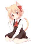  1girl :o absurdres animal_ears bangs between_legs black_skirt black_vest blonde_hair blush bobby_socks cat_ears cat_girl cat_tail chatsune_(white_lolita) collared_shirt cravat eyebrows_visible_through_hair hair_between_eyes hair_ribbon hand_between_legs head_tilt highres kemonomimi_mode long_sleeves looking_at_viewer parted_lips red_eyes red_neckwear red_ribbon ribbon rumia shirt simple_background skirt socks solo tail touhou vest white_background white_legwear white_shirt 