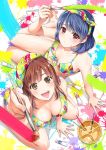  2girls :d arm_support barefoot beret bikini breasts brown_eyes brown_hair cleavage collarbone domestic_na_kanojo front-tie_top hairband hat large_breasts looking_at_viewer looking_up medium_breasts multicolored multicolored_bikini multicolored_clothes multicolored_hairband multicolored_hat multiple_girls open_mouth paint_splatter paint_tube paintbrush painting sasuga_kei sitting smile swimsuit tachibana_hina tachibana_rui wariza water 