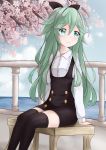  1girl 3: absurdres alternate_costume bench black_legwear blue_eyes casual cherry_blossoms commentary_request fuyuki030 green_hair hair_ornament hair_ribbon hairclip highres horizon kantai_collection long_hair looking_at_viewer park_bench petals ribbon sitting solo thigh-highs yamakaze_(kantai_collection) zettai_ryouiki 