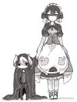  1boy 1girl apron bangs blunt_bangs blush bustier cape capelet detached_sleeves dress eyebrows_visible_through_hair greyscale hair_between_eyes height_difference jacket jitome legs_together looking_at_viewer made_in_abyss maid maid_apron maid_headdress maruruk monochrome multicolored_hair negi_(kyouki-beya) older ozen pouch puffy_short_sleeves puffy_sleeves shoes short_hair short_sleeves simple_background smile standing trap two-tone_hair whistle white_background younger 