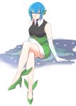  1girl blue_eyes blue_hair elbow_gloves florges full_body gloves green_footwear high_heels highres ituyakitori legs_crossed looking_at_viewer pencil_skirt personification pokemon short_hair sitting skirt smile solo white_gloves 