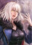  1girl breasts commentary_request fate/grand_order fate_(series) harunatsu_akifumi highres jeanne_alter large_breasts long_sleeves looking_at_viewer open_mouth ruler_(fate/apocrypha) solo white_hair yellow_eyes 