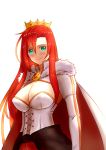  1girl absurdres blue_eyes blush boudica_(fate/grand_order) breasts cape cleavage corset crown der_zweite fate/grand_order fate_(series) fur_trim highres large_breasts long_hair looking_at_viewer redhead smile solo white_background 