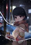  1girl black_hair bra breasts brown_eyes can canned_coffee cityscape cleavage coat coffee domestic_na_kanojo duffel_coat floral_print from_side gloves incoming_drink lingerie looking_at_viewer medium_breasts mittens night plaid plaid_scarf print_bra revealing_cutout sasuga_kei scarf short_hair snow snowing solo tachibana_rui underwear winter winter_clothes yellow_bra 