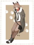  1boy ahoge animal_ears belt black_footwear black_neckwear blue_eyes brown_hair brown_pants collar dog_collar dog_ears fur_trim hands_in_pockets highres ituyakitori jacket looking_at_viewer lycanroc male_focus pants paw_print_pattern personification pocket pokemon pouch shirt standing white_shirt 