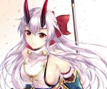  1girl bare_shoulders blush breasts closed_mouth fate/grand_order fate_(series) hair_between_eyes headband highres japanese_clothes large_breasts long_hair looking_at_viewer oni_horns red_eyes rei_kun sideboob silver_hair smile solo tomoe_gozen_(fate/grand_order) upper_body 
