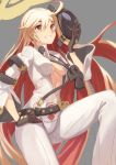 1girl ahoge ankh belt bodysuit breasts cleavage commentary_request grin guilty_gear guilty_gear_xrd halo hand_on_hip highres jack-o_(guilty_gear) jewelry kty_(jarijarikun) leg_up long_hair looking_at_viewer mask mask_removed medium_breasts multicolored_hair no_bra pendant red_eyes redhead smile solo two-tone_hair white_hair wide_sleeves 