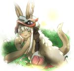  1girl :3 bangs blush chin_rest commentary_request ears_through_headwear eyebrows_visible_through_hair flower fur furry grass green_eyes hat horns long_hair looking_at_viewer lying made_in_abyss nanachi_(made_in_abyss) on_side pants parted_lips paws piko_(0_ppqq_0) smile solo topless whiskers white_hair 