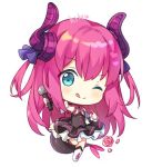  1girl :q bangs bare_shoulders black_dress blue_eyes blush boots chibi closed_mouth detached_sleeves dress eyebrows_visible_through_hair fate/extra fate/extra_ccc fate_(series) flower full_body hair_ornament hitsukuya holding holding_microphone horns lancer_(fate/extra_ccc) long_hair looking_at_viewer lowres microphone one_eye_closed pink_hair pink_rose rose signature simple_background solo standing standing_on_one_leg tail tongue tongue_out white_background 