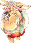  1girl animal_ears bangs barefoot blunt_bangs ears_through_headwear eyebrows_visible_through_hair full_body fur furry horizontal_pupils horns looking_at_viewer made_in_abyss nanachi_(made_in_abyss) nekotorina one_eye_closed pants paws short_hair simple_background solo tail tail_hug white_background yellow_eyes 