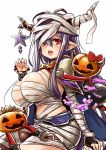  1girl antenna_hair bandage black_hair blush bow breasts claw_pose danua doll doraf granblue_fantasy gretel_(granblue_fantasy) hair_between_eyes halloween hansel_(granblue_fantasy) horn_ornament horns jack-o&#039;-lantern large_breasts long_hair looking_at_viewer open_mouth pointy_ears red_bow red_eyes revision sitting sketch star unname white_background 