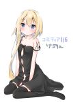  1girl arm_at_side bangs bare_arms bare_shoulders between_legs black_dress black_legwear black_ribbon blonde_hair blue_eyes blush breasts cleavage collarbone commentary_request dress eyebrows_visible_through_hair full_body hair_between_eyes hand_between_legs head_tilt highres long_hair looking_at_viewer original parted_lips ribbon simple_background sleeveless sleeveless_dress small_breasts solo strap_slip thigh-highs tia-chan translation_request uchuuneko very_long_hair white_background 