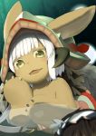  1boy 1girl :3 :d animal_ears bangs blunt_bangs blush ears_through_headwear eyebrows_visible_through_hair fang furry green_eyes hat highres horizontal_pupils horns long_hair looking_at_viewer looking_down lying made_in_abyss nanachi_(made_in_abyss) nejime on_stomach open_mouth out_of_frame paws regu_(made_in_abyss) smile solo_focus topless whiskers white_hair 