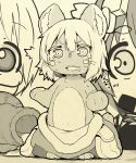  /\/\/\ 1boy 2girls 3: animal_ears bangs commentary_request d: furry looking_at_another made_in_abyss minigirl monochrome multiple_girls nanachi_(made_in_abyss) navel nejime open_mouth pants paws regu_(made_in_abyss) riko_(made_in_abyss) saliva sepia short_hair standing surprised worried 