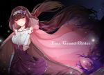  1girl arm_warmers blush breasts brown_hair cloak copyright_name fate/grand_order fate_(series) head_tilt highres hood hood_down hooded_cloak large_breasts light_smile long_hair looking_at_viewer osakabe-hime_(fate/grand_order) purple_skirt skirt slime_(user_jpds8754) solo twintails violet_eyes 