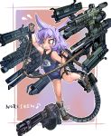  &gt;:&lt; 1girl :&lt; animal_ears assault_rifle bare_shoulders blue_swimsuit blush boots bracelet closed_mouth commentary_request doitsuken eyebrows_visible_through_hair flying_sweatdrops gun highres holding jewelry machine_gun name_tag one-piece_swimsuit original purple_hair railgun red_eyes rifle rope school_swimsuit scope short_hair slit_pupils sniper_rifle solo swimsuit too_many_guns weapon 