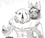  1boy 1girl :3 bangs bird blunt_bangs chick closed_mouth creature ears_through_headwear emphasis_lines greyscale hat jitome long_hair made_in_abyss mitty_(made_in_abyss) monochrome muscle nanachi_(made_in_abyss) negi_(kyouki-beya) on_shoulder out_of_frame regu_(made_in_abyss) smile squatting translation_request white_background 