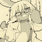  1girl :3 :d animal_ears bangs commentary_request eyebrows_visible_through_hair fang furry glasses labcoat long_hair long_sleeves looking_at_viewer made_in_abyss monochrome naked_coat nanachi_(made_in_abyss) nejime one_eye_closed open_mouth paws sepia simple_background smile solo sparkle thought_bubble translation_request under-rim_eyewear 