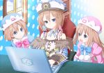  absurdres bare_shoulders blanc blue_eyes blush brown_hair computer computer_mouse desk fairy gun_gun_pixies hat highres laptop long_hair minigirl multiple_girls neptune_(series) open_mouth ram_(choujigen_game_neptune) rom_(choujigen_game_neptune) short_hair siblings sisters sitting smile table twins up_(mmmmmmmmss) 