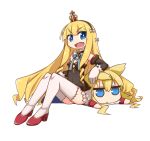  &gt;:d 2girls :d azur_lane blonde_hair blue_eyes chibi commentary_request crown detached_collar detached_sleeves eyebrows_visible_through_hair fangs flat_chest full_body gloves hair_between_eyes hairband head_tilt high_heels jitome long_hair looking_at_viewer lying mini_crown multiple_girls nanatsume on_stomach open_mouth queen_elizabeth_(azur_lane) red_footwear revision simple_background sitting smile thigh-highs triangle_mouth very_long_hair warspite_(azur_lane) white_background white_gloves white_legwear 