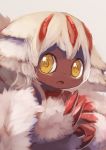  1girl :o bangs bright_pupils claws dark_skin extra_arms faputa grey_background looking_at_viewer made_in_abyss manino_(mofuritaionaka) monster_girl parted_lips paws short_hair simple_background solo white_hair yellow_eyes 