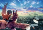  1boy afro animal bird blue_eyes blue_hair blue_sky building cape cityscape clothed_animal clouds cloudy_sky commentary_request dove flying griffin hat horns looking_at_viewer looking_back manino_(mofuritaionaka) original outdoors riding scenery shoes shorts signature sky smile 