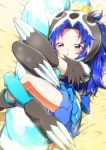  1girl :o animal_costume bed_sheet blue_dress blue_eyes blue_hair blue_legwear blue_shorts claws commentary_request crown cure_gelato dress eyebrows_visible_through_hair from_above half-closed_eyes kirakira_precure_a_la_mode leg_lock long_hair looking_at_viewer lying mini_crown object_hug on_back precure shiny shiny_hair shorts sloth_costume solo tategami_aoi yuto_(dialique) 