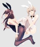  2girls alternate_costume amane_suzuha animal_ears ass bare_shoulders blue_eyes blush bow bowtie braid breasts brown_hair bunny_girl bunny_tail bunnysuit detached_collar dress embarrassed fishnet_pantyhose fishnets full_body green_eyes grey_background hands_together highres legs_crossed light_brown_hair long_hair looking_at_viewer makise_kurisu medium_breasts multiple_girls open-back_dress open_mouth pantyhose rabbit_ears sideboob simple_background smile steins;gate sweatdrop tail tokiji twin_braids wavy_mouth wrist_cuffs 