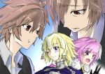  1girl 2boys ahoge armor armored_dress bangs blonde_hair blush brown_hair capelet chains eyebrows_visible_through_hair fang fate_(series) fur_trim headpiece long_braid long_hair male_focus miturugisugar multicolored_hair multiple_boys one_eye_closed pink_eyes pink_hair red_eyes rider_of_black ruler_(fate/apocrypha) shirt short_hair sieg_(fate/apocrypha) trap two-tone_hair v violet_eyes waistcoat white_shirt 