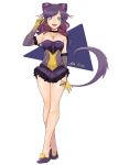  1girl :d black_neckwear breasts cleavage elbow_gloves full_body gloves green_eyes heart heart_necklace highres ituyakitori jewelry liepard looking_at_viewer medium_breasts necklace open_mouth personification pokemon purple_footwear purple_gloves purple_hair smile solo standing tail tattoo yellow_gloves 