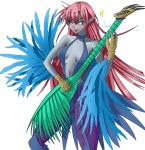  1girl aqua_eyes collarbone feathers grey_skin guitar harpie_lady harpy highres instrument long_hair monster_girl open_mouth pink_hair pointy_ears solo standing talons tipsypaipai yu-gi-oh! 