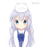  1girl absurdres angora_rabbit animal animal_on_head bangs blue_eyes blue_hair blue_neckwear blue_vest blush bow bowtie bunny_on_head chatsune_(white_lolita) collared_shirt eyebrows_visible_through_hair gochuumon_wa_usagi_desu_ka? hair_between_eyes hair_ornament highres kafuu_chino long_hair long_sleeves looking_at_viewer on_head parted_lips rabbit rabbit_house_uniform shirt simple_background tippy_(gochiusa) twitter_username uniform upper_body v_arms very_long_hair vest waitress white_background white_shirt x_hair_ornament 